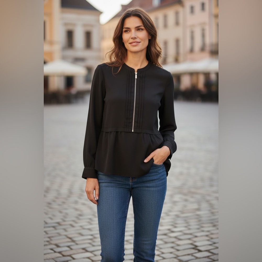 Michael Michael Kors Black Zip Front Peplum Blouse Pleated Long Sleeve Top